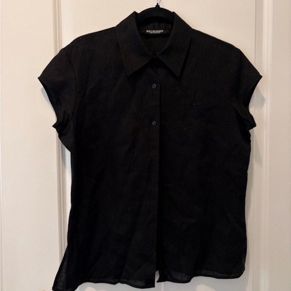 HOLT RENFREW 100% Linen Black Short-Sleeve Button Front Women's Top - Picture 2 of 8